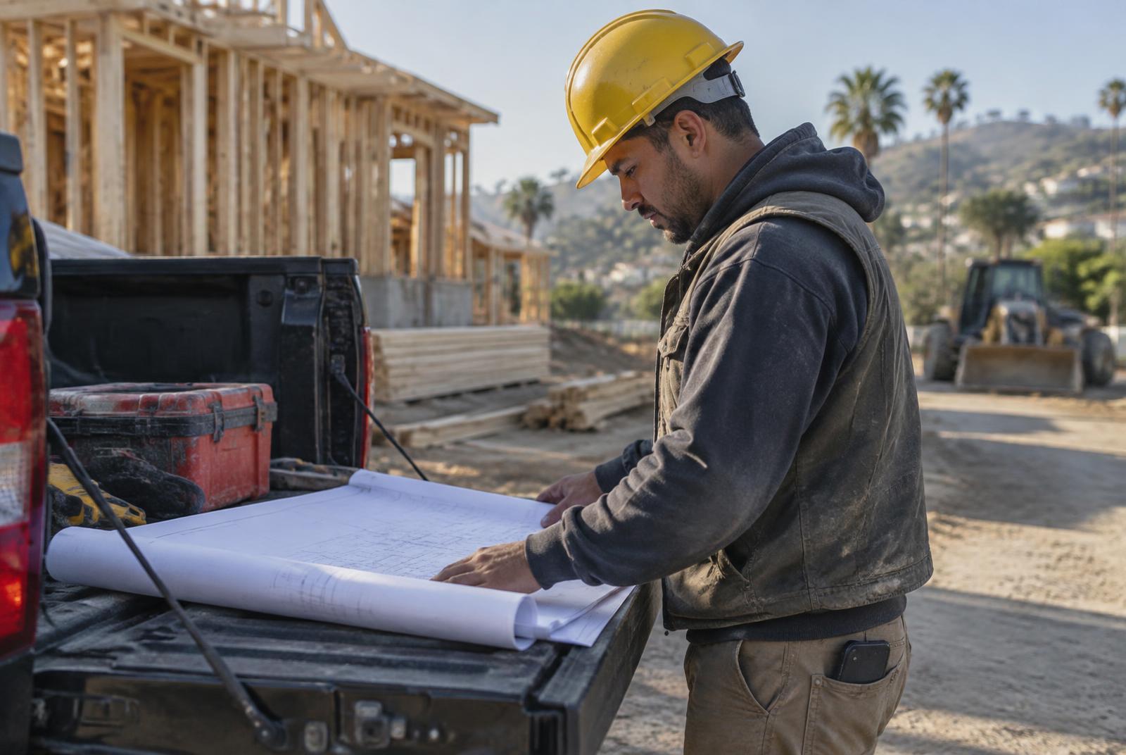 Contractor reviewing plans on a truck tailgate at a California job site